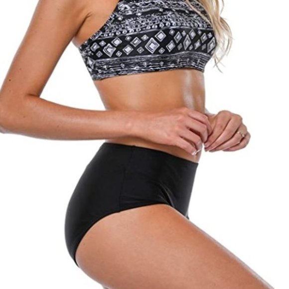 Women's Black Tribal High Neck Crop Bikini Top Mid Waist Bottom 2 Piece Bikini - Picture 5 of 7